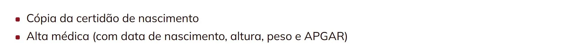 Documentos de criança menos de 2 anos Amil Empresarial